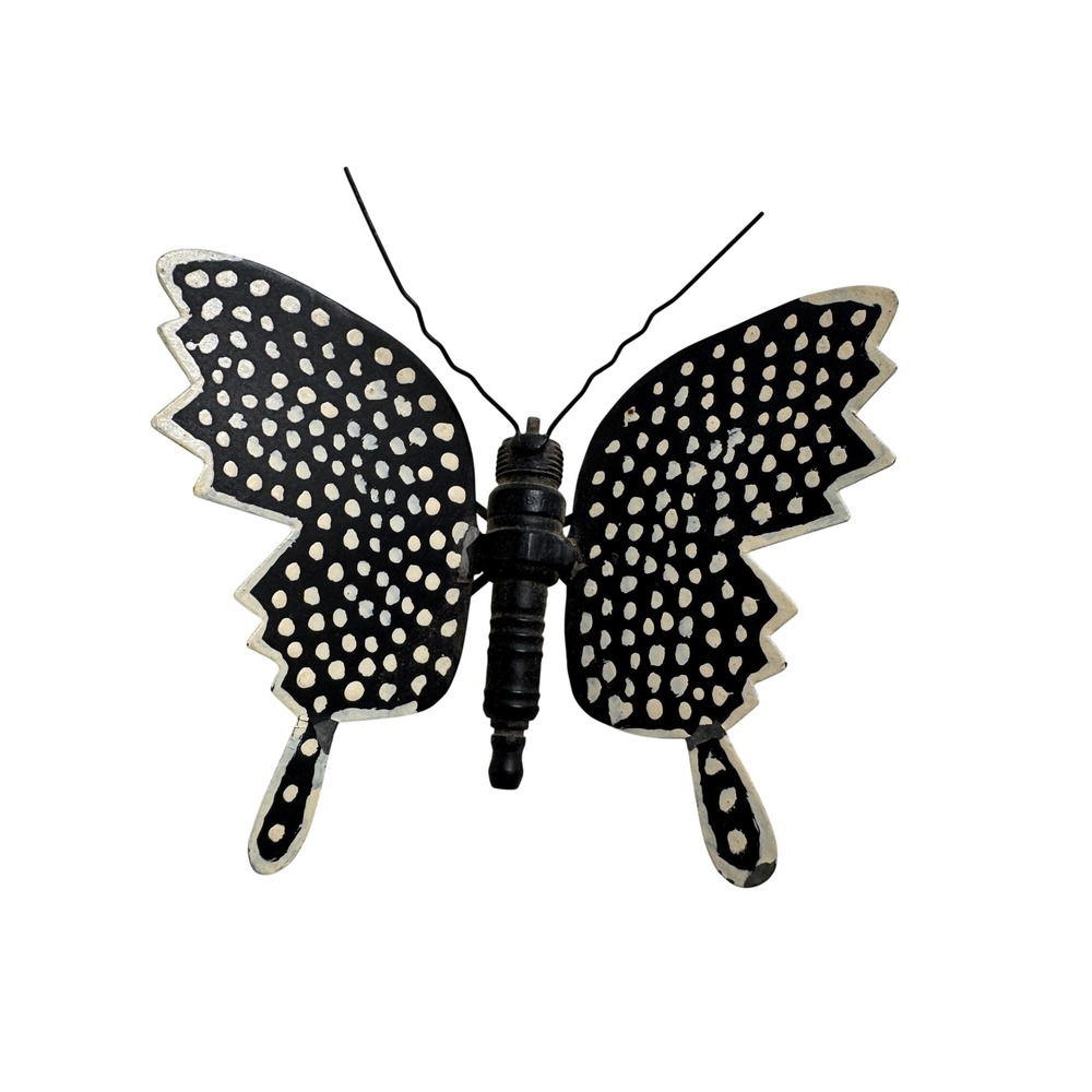 Vintage Spark Plug Butterfly Metal Wall Art Hand Painted Polka Dot Upcycled 5.5"